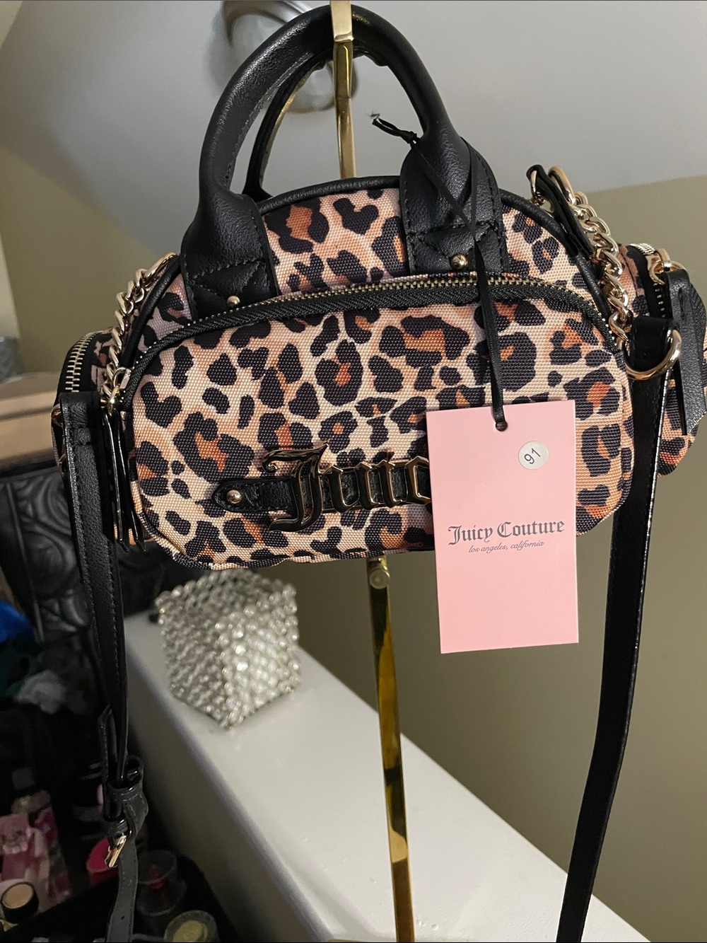 Juicy Couture Leopard Print Mini Satchel with Black Trim & Gold Hardware